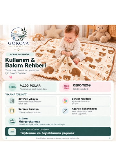 Kahve Krem Figürlü Çoban Dikişli %100 Polar Bebek Battaniyesi 80x100 CM Oeko-tex Kahverengi - Krem