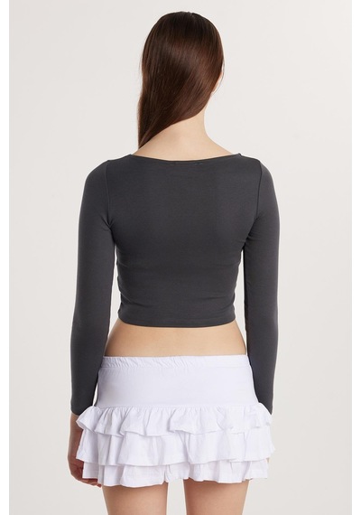 Tudors Kadın Slim Fit Dar Kesim Modal Kumaş Uzun Kollu Bisiklet Yaka Antrasit Bluz-33729 Antrasit