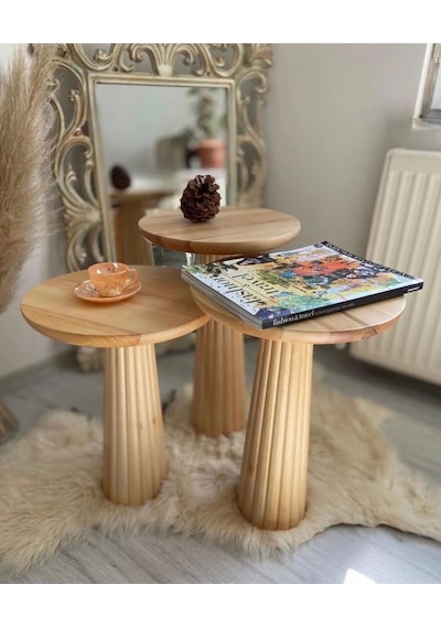 Simillo Wood Ahşap 3 Lü Set Fitilli Mantar Yan Sehpa Modern Fiskos / Çiçeklik / Zigon Sehpa Vernikli Ahşap