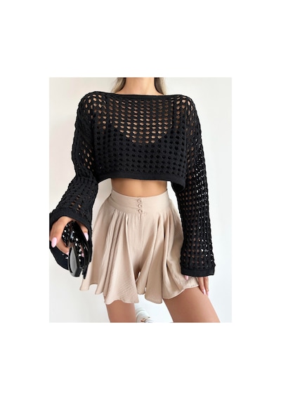 Munora Butik Uzun Kollu Siyah Triko Crop Bluz Siyah Siyah