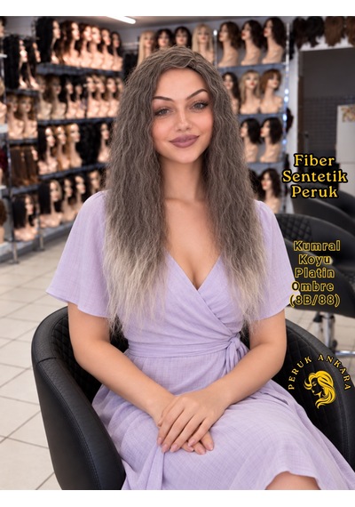 Afro Dalgası Peruk Fiber Sentetik Küllü Kumral Arası Işıltılı Platin Ombre