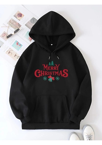 Freedom Storee Yılbaşı Merry Christmas Baskılı Oversize Kapüşonlu Sweatshirt Hoodie - Siyah Çok Renkli