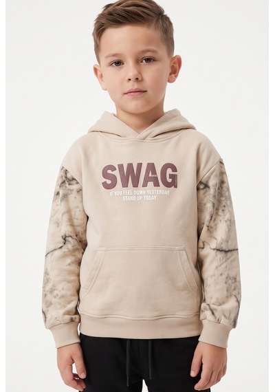 Toontoy Kids Toontoy Erkek Çocuk Kapüşonlu Swag Baskılı Eşofman Takım Bej