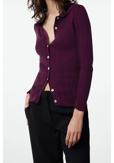 Ersefa Kadın Modern Tarz Slim Polo Yaka Regular Triko Hırka Mürdüm