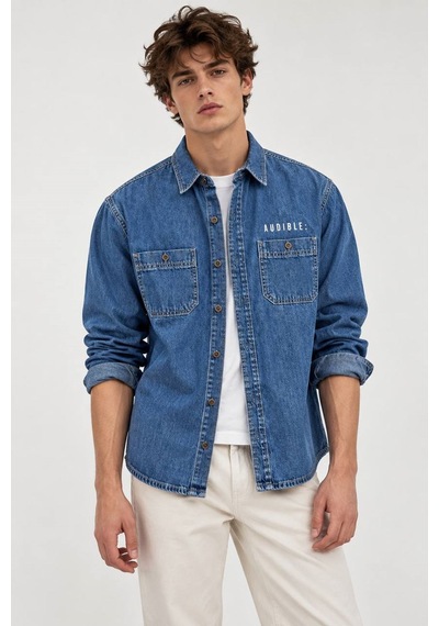 Little Cup Jeans Co Orta Mavi Premium Çift Cep 90lar Erkek Denim Kot Gömlek Açık Mavi