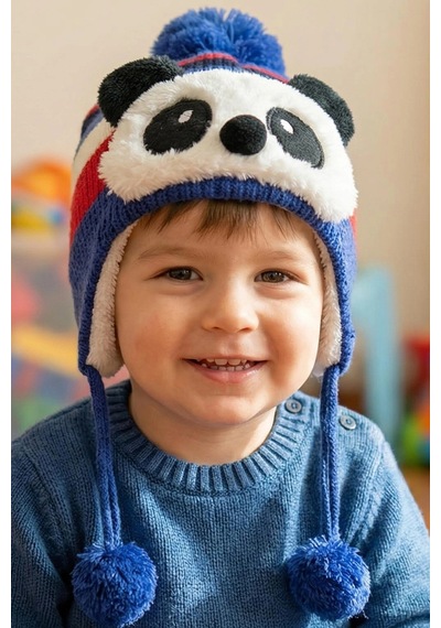 Bay Şapkacı - Sevimli Panda Tasarımlı Unisex Çocuk Kışlık Bere - 5900 Mavi