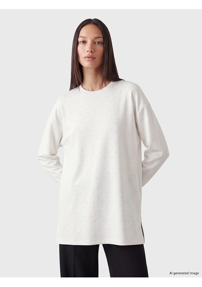 Lcw Everyday Beyaz Taşlı Soft Touch Oversize Kadın Sweatshirt Tunik