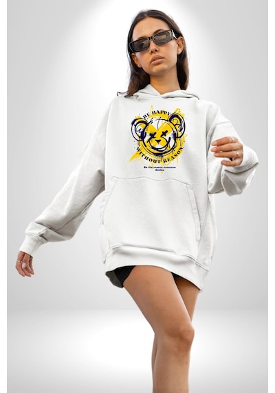 Sebep Olmadan Mutlu Ol Kadın Erkek Beyaz Kapüşonlu Sweatshirt Hoodie Beyaz