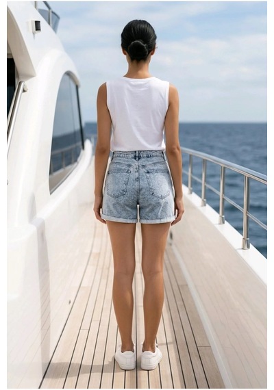Layal My Beauty Kadın Jeans Kot Şort Ters Paça Detaylı Yüksek Bel Esnek Günlük Denim Kot Şort Yeni Sezon New1 Buz Mavi
