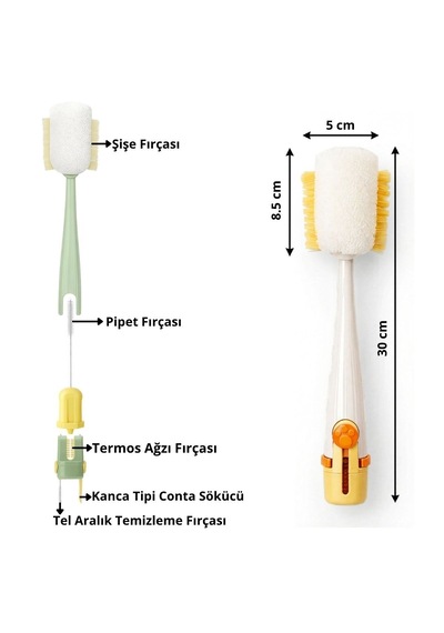 5'i 1 Arada Çok Amaçlı Şişe Temizleme Fırçası Sürahi, Kavanoz - Pipet - Kapak - Emzik Ve Biberon Temizlik Seti 4801