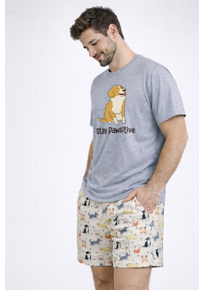 Erkek Pamuklu Köpek Desenli Eğlenceli Cepli Şortlu Pijama Takımı Ke77633 Sarı