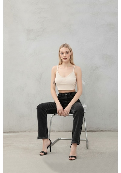Kene Jeans Paça Yan Yırtmaç Füme Boyfriend Bol Paça Pantolon Füme