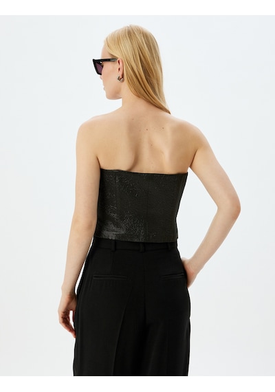 Koton Straplez Crop Parıltılı Dokulu Kolsuz Fermuarlı Bluz Siyah 5wak60015fw Siyah