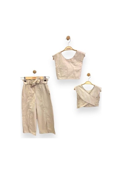 Çikoby Kız Çocuk Dokuma Üstü Crop Bol Paça Yırtmaçlı Pantolon Takım-13775 Taş