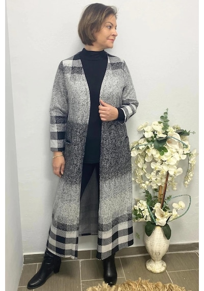 Mia Butik Büyük Beden Gri Desenli Uzun Hırka Gri