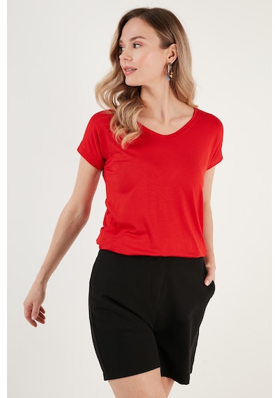 Lela V Yaka Relaxed Fit Yırtmaç Detaylı 2'Li Paket Bayan Bluz 5862000S2 Ekru-Kırmızı