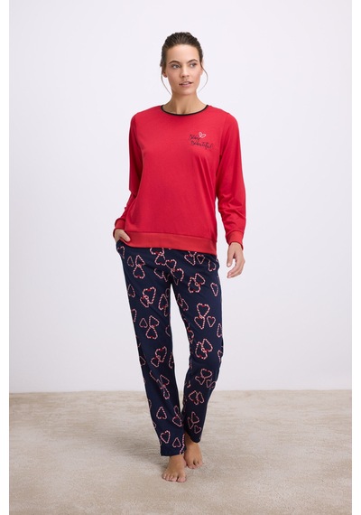 Man11583-1005 Anil Ev Giyim Anıl Kadın Uzun Kol Sweatshirt Ve Kalpli Pantolon Pijama Takımı Şık Ve Rahat Ev Giyimi 11583 Kırmızı