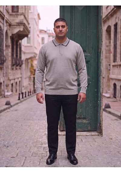 Maccali Erkek Gri Büyük Beden Gizli Fermuarlı Polo Yaka Triko Sweatshirt