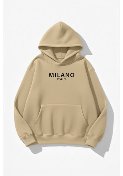 Uyguntarz Unisex Yumuşak Dokulu Milano Italy Baskılı Tasarım Oversize 3 İplik Hoodie Sweatshirt Bej