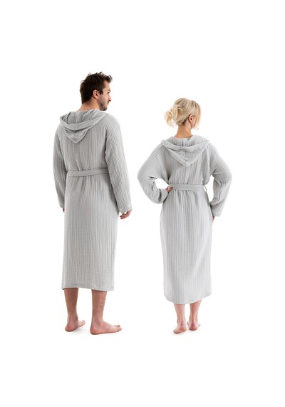 Unisex Kapşonlu 4 Kat Müslin Bornoz - Gri