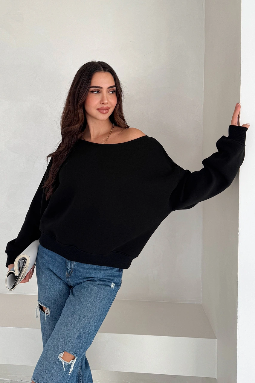 Noa & Noa Kadın Omuz Detaylı Polar Sweatshirt Rahat & Feminen Stil Siyah