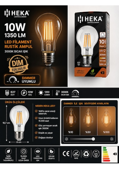 8 Adet Heka 10w Günışığı 3000k E27 Duylu Dim Edilebilir Led Rustik Ampul