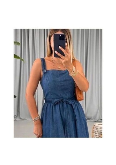 Gesshop Kadın Askılı Etek Volanlı Kuşaklı Midi Boy Denim Elbise Koyu Mavi
