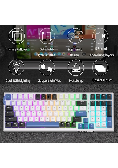 Magegee Sky98 99 Tuş Kablosuz Rgb Hot-swap Gasket Siyah-beyaz Gaming Klavye