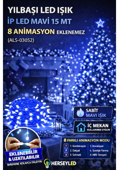 Yılbaşı Led Işık İp Led Mavi 15 Mt 8 Anımasyon Eklenemez Mavi