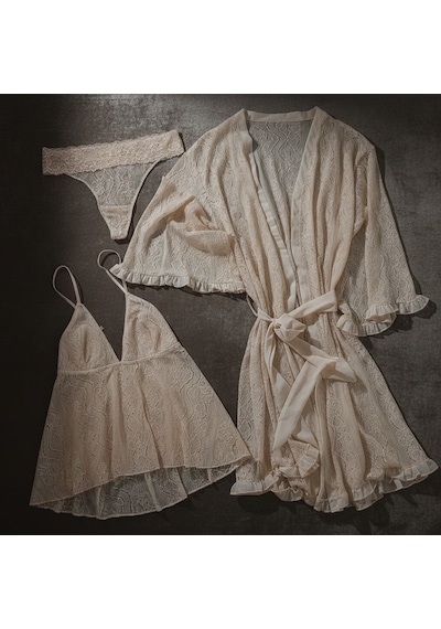 Bonbon Kadın Çeyizlik Ve Bohçalık Tül Transparan Ekru Renk Babydoll, String Ve Sabahlık 3 Lü Paket Bb2686 Bonbon Kadın Çeyizlik Ve Bohçalık Tül Transparan Ekru Renk Babydoll, String Ve Sabahlık 3 Lü Paket Bb2686