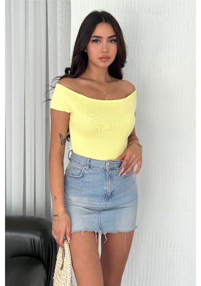 Femelle Kadın Sarı Standart Beden Triko Crop Bluz