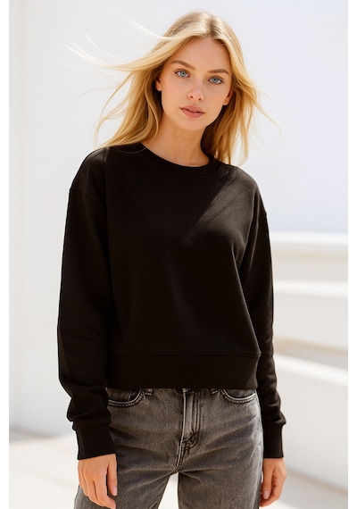 Kadın Siyah Pamuklu İnterlock Oversize Sweatshirt Siyah