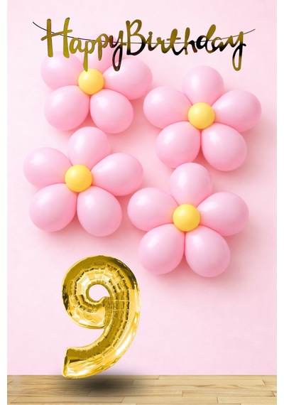 9 Yaş Pembe Sarı Papatya Temalı Gold Rakam Gold Happy Birthday Banner Doğum Günü Süsleme Altın - Pembe