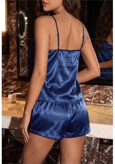 Go İthalat Kadın Yumuşak Dokulu Mavi Göğsü Fransız Dantelli İnce Askılı Parlak Saten Şortlu Pijama Takımı