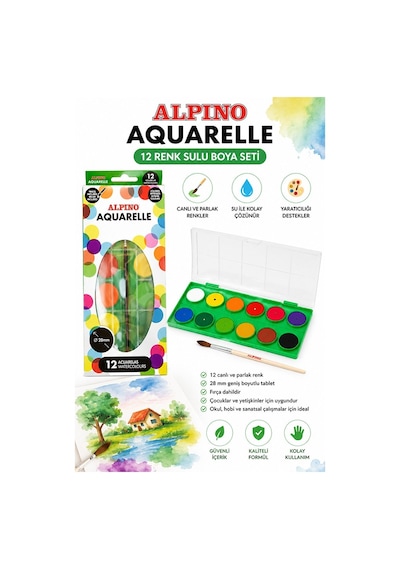 12 Renk Sulu Boya 28mm 1 Paket Alpino Aquarelle 12 Li Suluboya Fırça Hediyeli Canlı Renkler Kaliteli Yıkanabilir Zararsı Çok Renkli