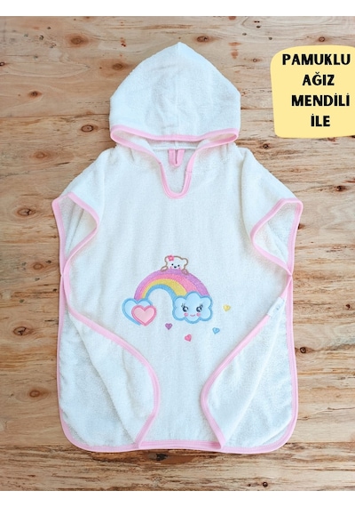 %100 Pamuklu & Başlıklı Bebek Banyo Havlusu - Gökkuşağı Nakışlı Yumuşak & Su Emici Havlu 12 - 36 Ay