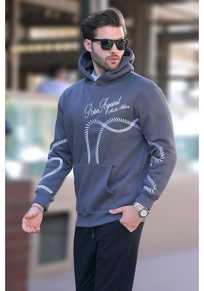 Madmext Füme Baskılı Kapşonlu Cep Detaylı Erkek Sweatshirt 7067 Füme
