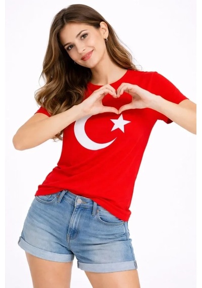 Defymoda T-shirt Kısa Kol Bisiklet Yaka Ay Yıldız Bayrak Baskılı Tişört - Kırmızı