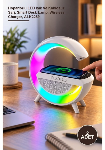 2 Adet Akıllı Masa Lambası Hoparlörlü Led Işık Ve Kablosuz Şarj, Smart Desk Lamp, Wireless Charger, Alk2289