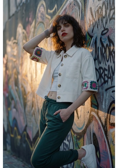 Rovebella Bianca Örgü Nakışlı Crop Gömlek Beyaz