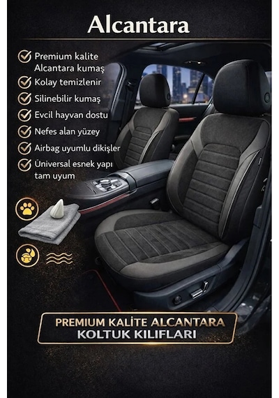 Hyundai İ20 2010 2020 Uyumlu Kumaş Alcantara Oto Koltuk Kılıfı Siyah