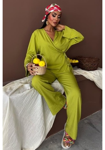 Moderie Butik Kruvaze Model Klasik Pantolonlu Çupra Keten Takım 10191 Yeşi L