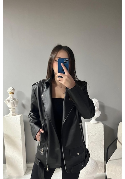 Prifaldi Uzun Oversize Kadın Siyah Deri Ceket