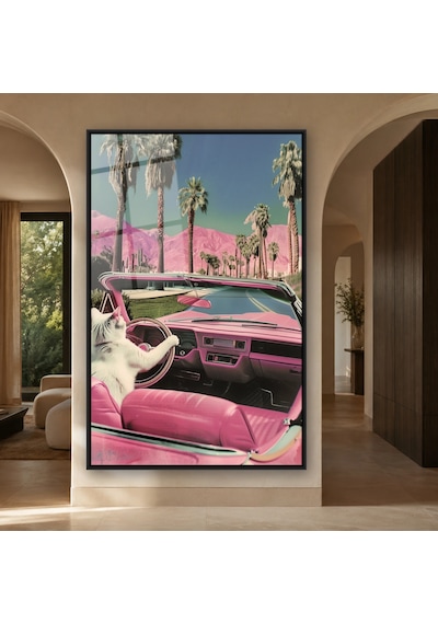 Pembe Arabayı Süren Kedi Siyah Çerçeveli Cam Tablo