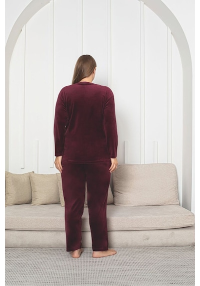 Büyük Beden Kırmızı Likralı Soft Kadife Pijama Takımı Bordo