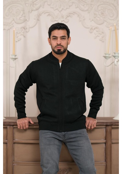 Woolen World Pilot Yaka Fermuar Kapamalı Klasik Kesim Astarlı Çelik Örgü Hırka Siyah