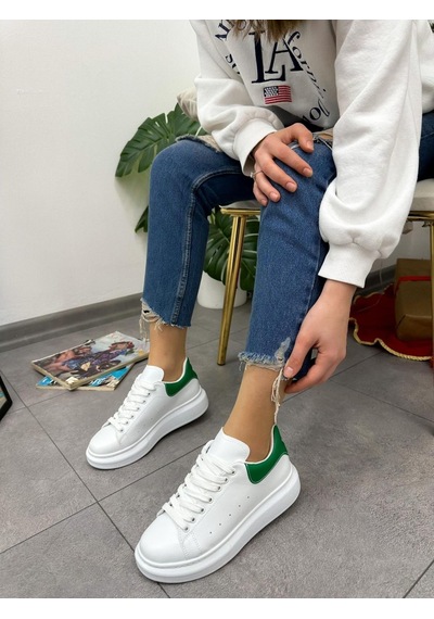 Erva'nın Butiği Beyaz Yeşil Queen Kadın Bağcıklı Sneakers-5024 Beyaz Yeşil Cilt