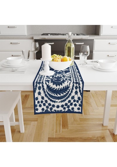 Blue Daisy Runner 140x45cm Mavi Papatyalar, İnce Keten, Uluslararası Yıkama Ve Solmama Sertifikası Çok Renkli