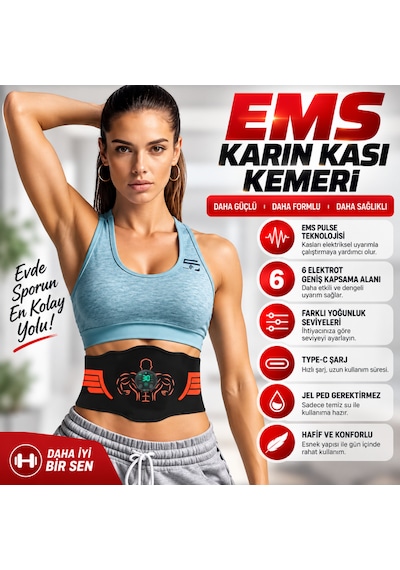 Ems Karın Kası Kemeri 30 Seviye 10 Mod Şarjlı Kas Stimülatörü 40 Cm Uzatma Aparatı
