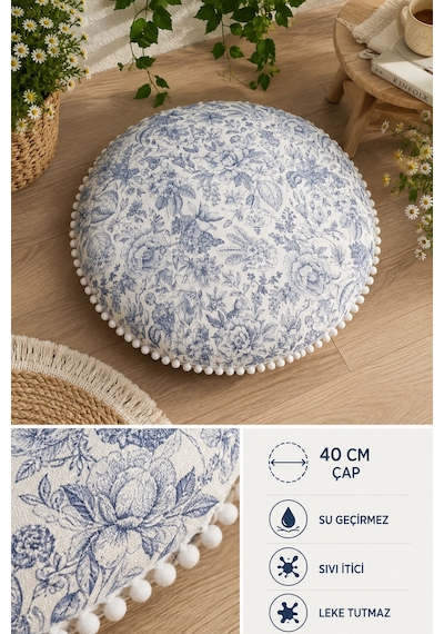 Yuvarlak Minder 40 Cm Çap Çiçekli Dekoratif Puf Minder Su Geçirmez Sıvı İtici Leke Tutmaz Ev Dekoru Çok Renkli